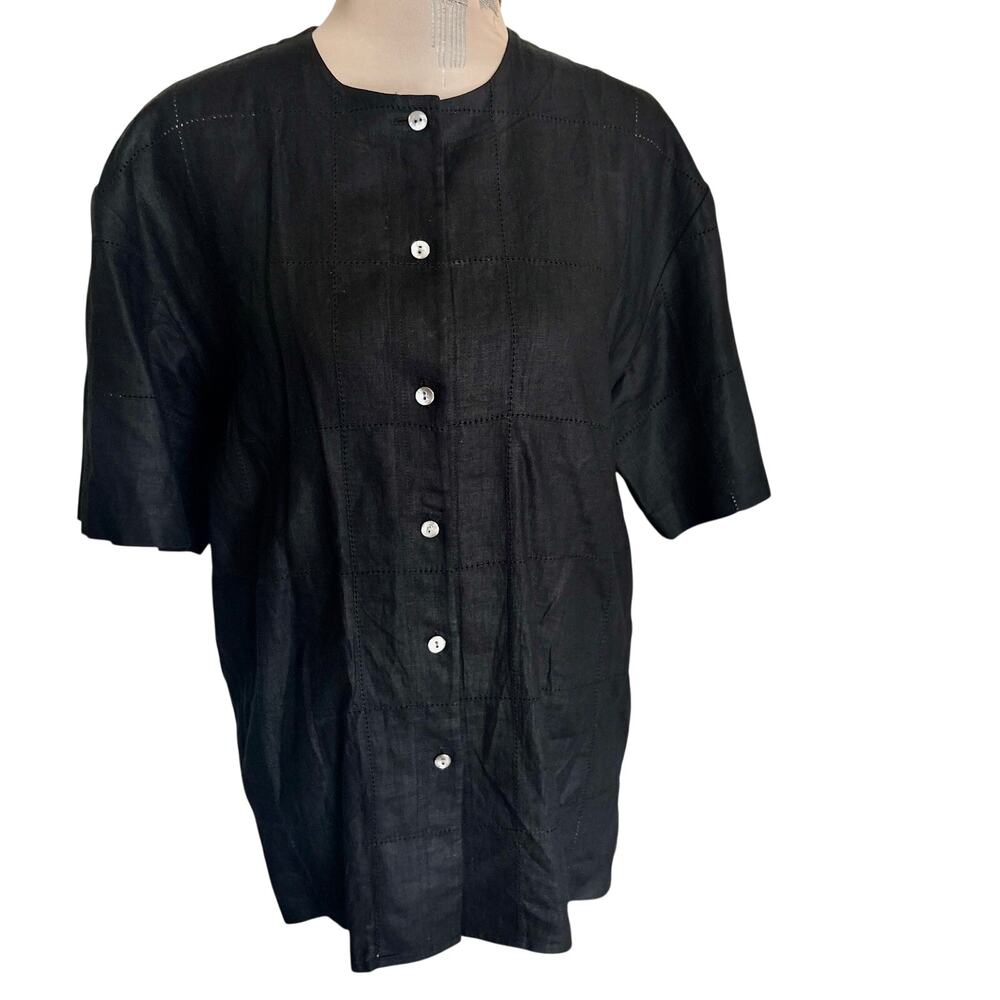 Vintage 80's Barry Bricken 100% Linen Perforated Blouse Short Sleeve Preppy XS